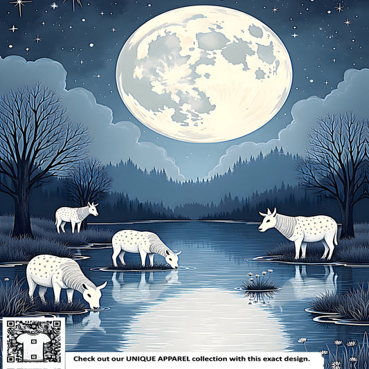 Colorful graphic design of a tranquil night scene with white mythical creatures drinking from a serene riverbank, surrounded by bare trees and twinkling stars.