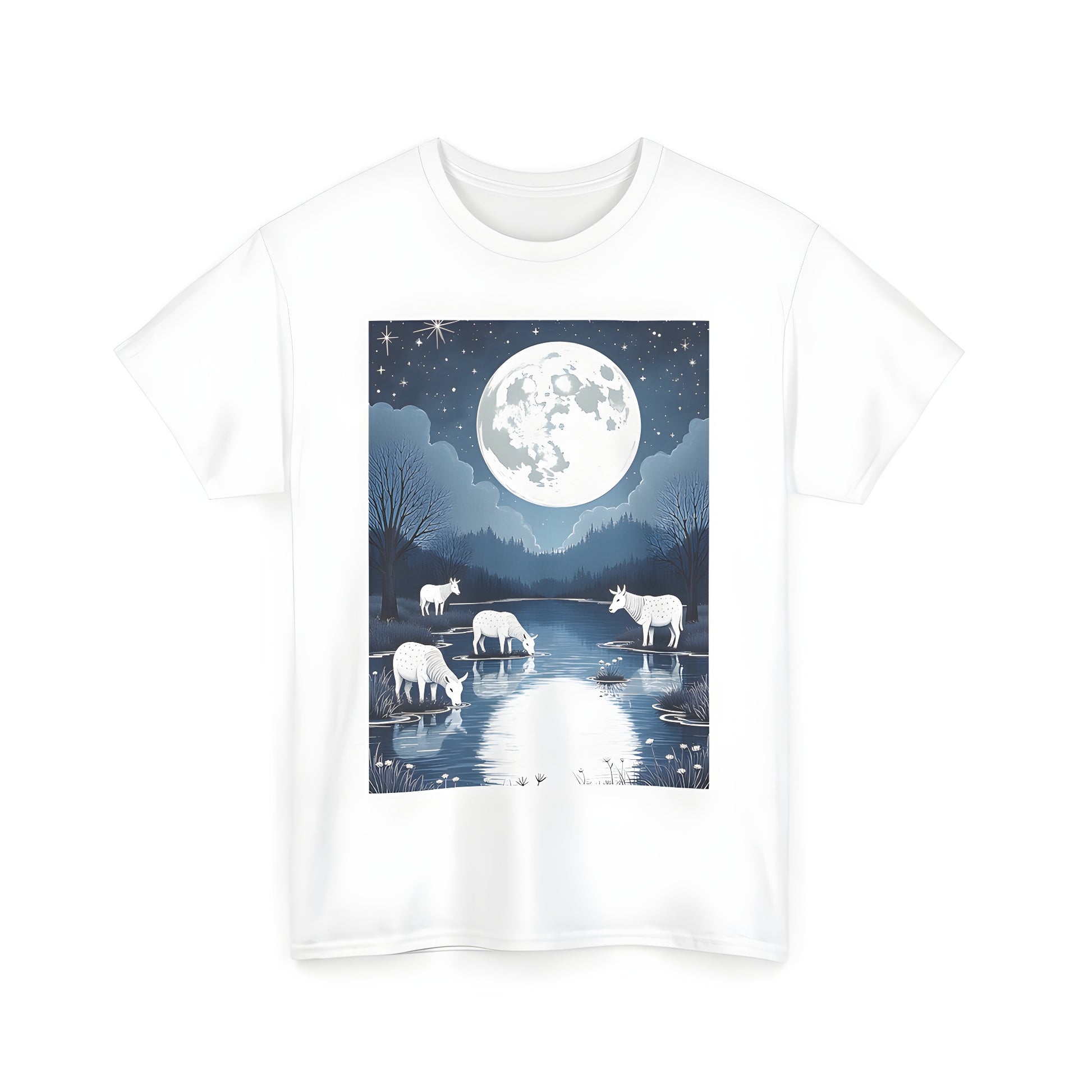 Unisex t-shirt featuring colorful graphic design of serene lake or peaceful river at night with mythical creatures drinking from the water's edge surrounded by trees and stars