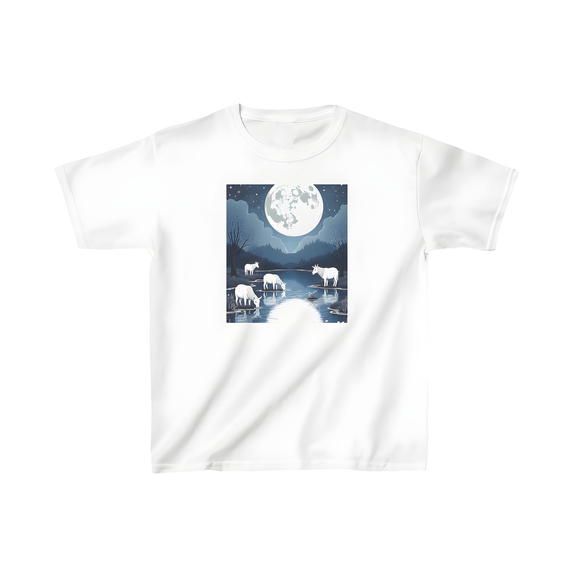 Kid's colorful graphic t-shirt featuring a serene night scene with mythical creatures and stars.