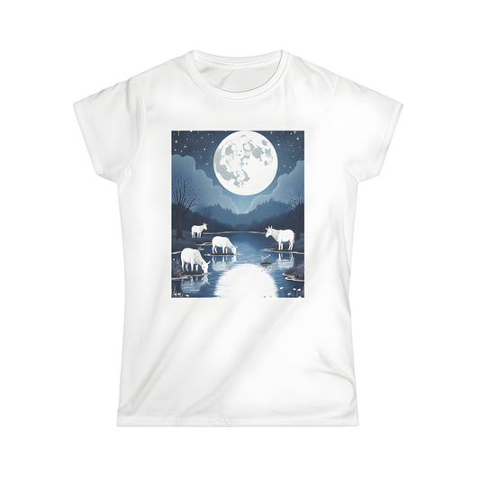 Women's colorful graphic t-shirt featuring a serene night scene with mythical creatures and stars