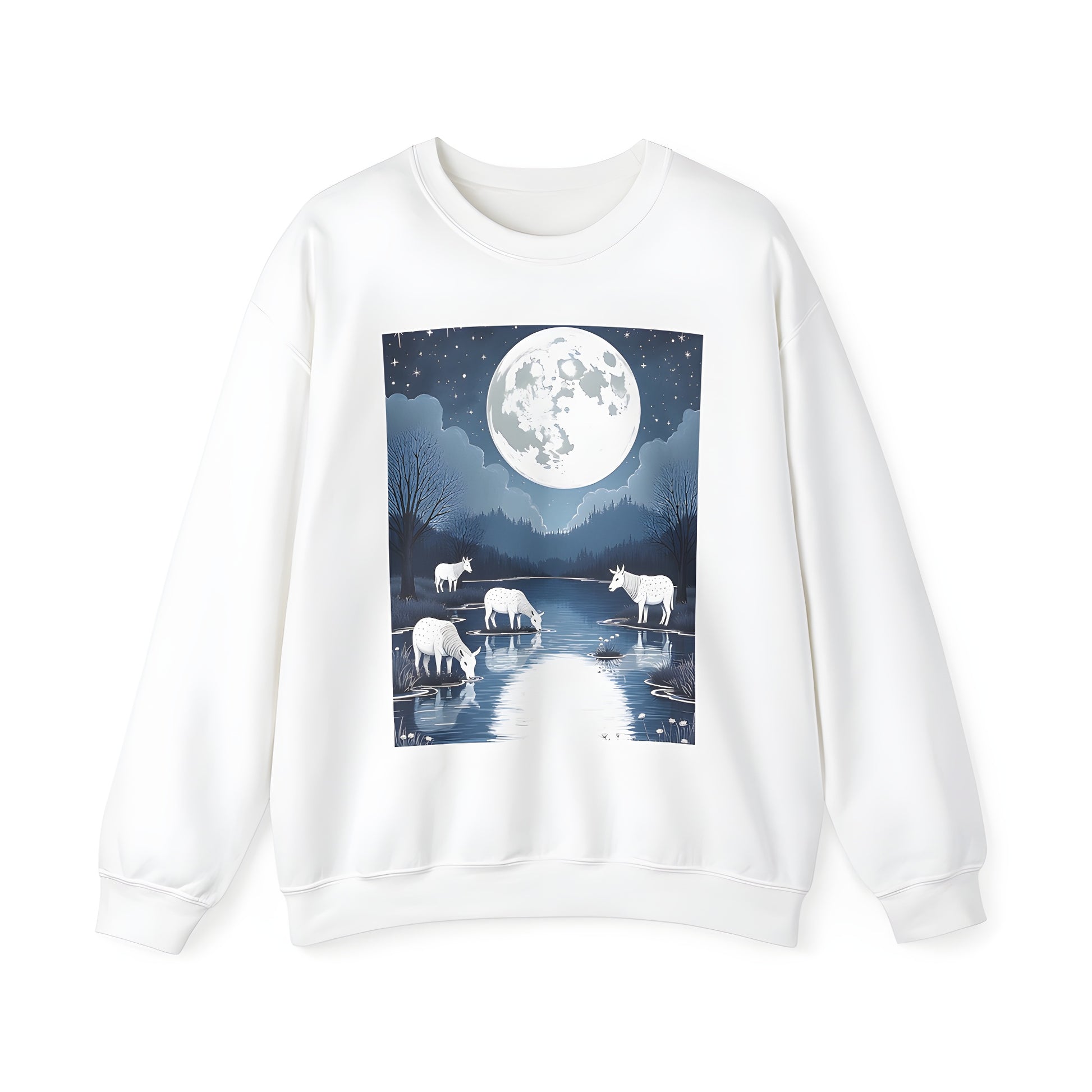 Adult Sweatshirts featuring colorful graphic designs of night scenes with mythical creatures near serene rivers and lakes under starry skies