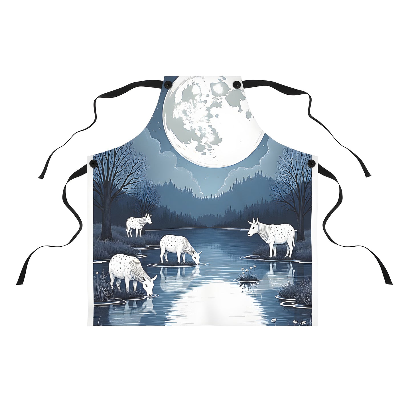 Colorful apron featuring a serene night scene with mythical creatures drinking from a tranquil river under starry skies