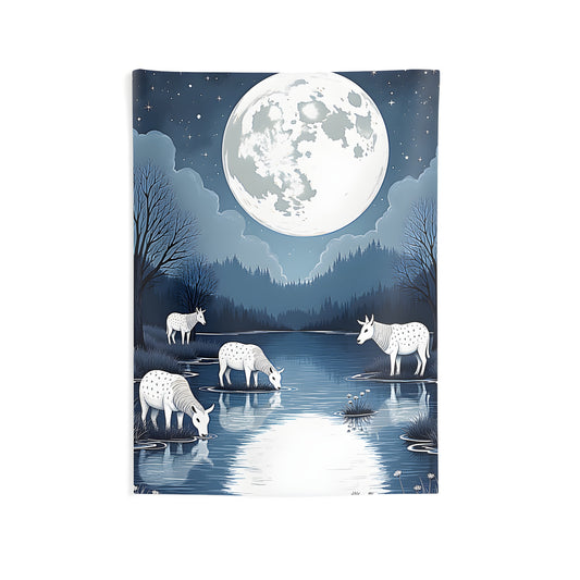 Colorful graphic tapestry with serene moonlit river scene, mythical creatures drinking from a tranquil night sky