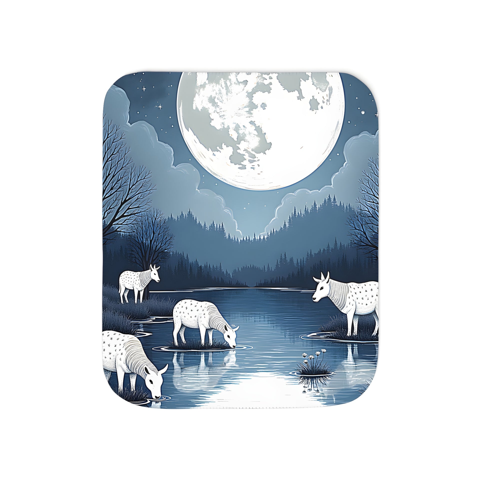 A colorful graphic blanket featuring a serene night scene with mythical creatures drinking from a peaceful river under the light of the moon, surrounded by bare trees and stars.