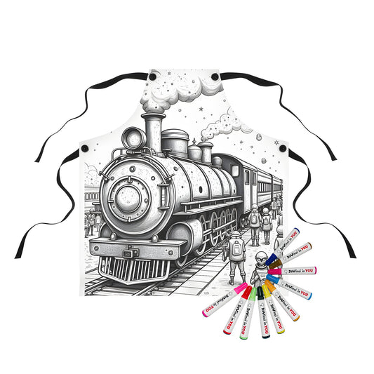 Vintage train coloring kit apron with fabric markers