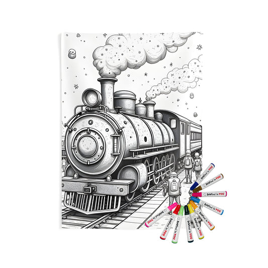 Vintage steam locomotive art, Indoor Wall Tapestry with colorful winter scene and festive atmosphere
