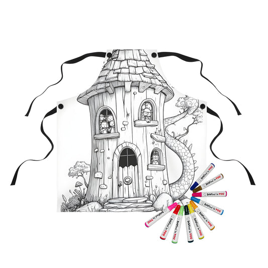 Whimsical fantasy apron with colorful illustrations of a cottage, dragon's tail, and magical forest