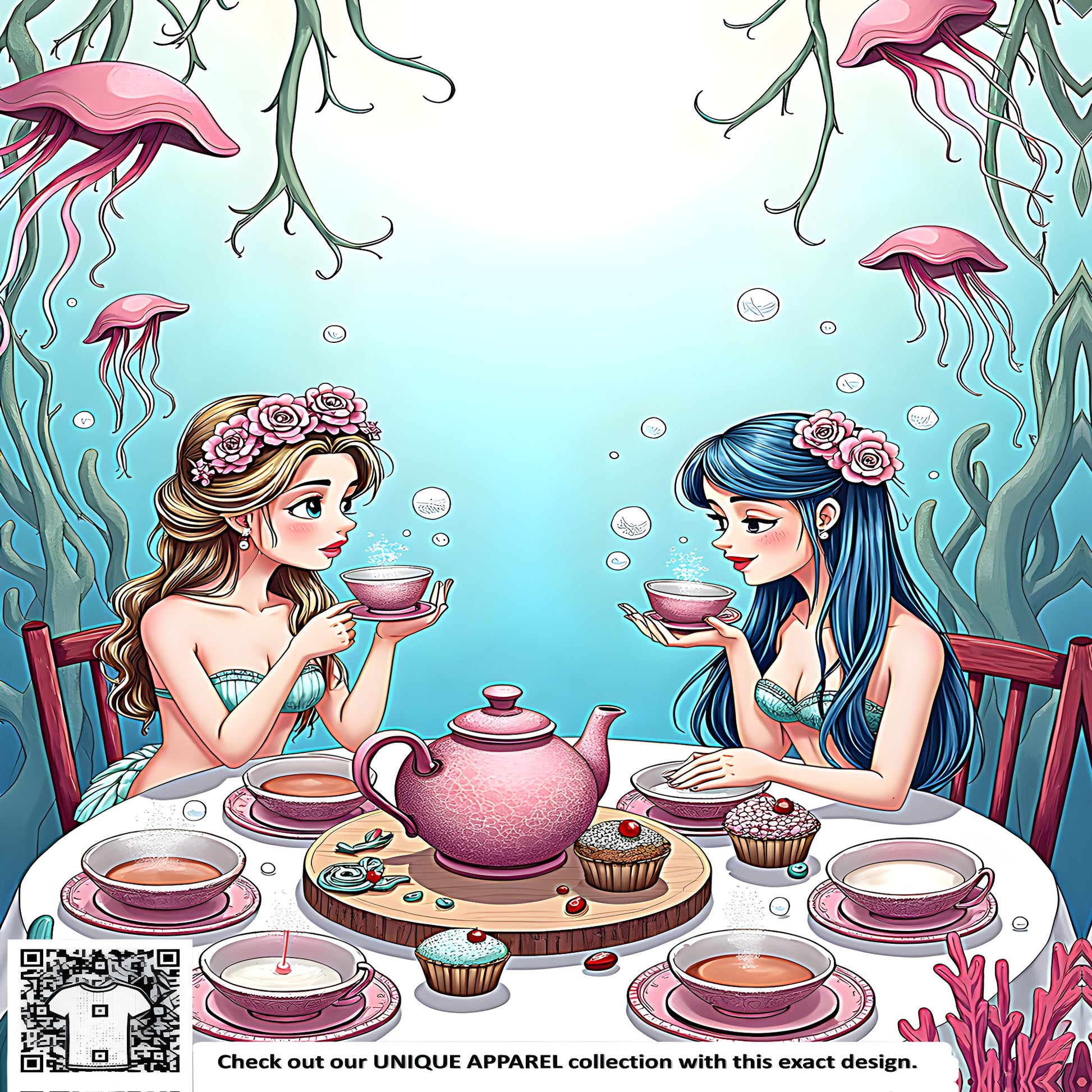 Underwater mermaids enjoying a colorful tea party surrounded by jellyfish and sea creatures