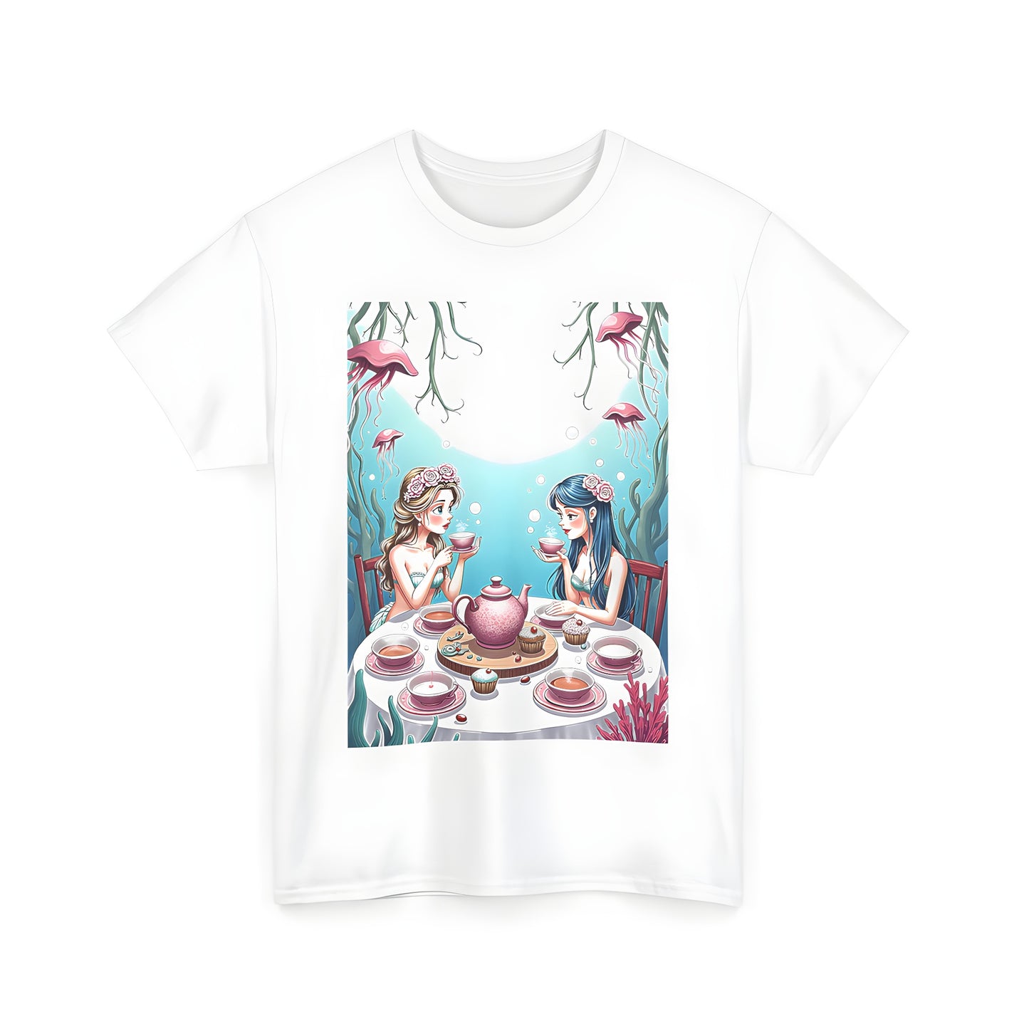 Colorful graphic t-shirt with mermaids enjoying a tea party underwater