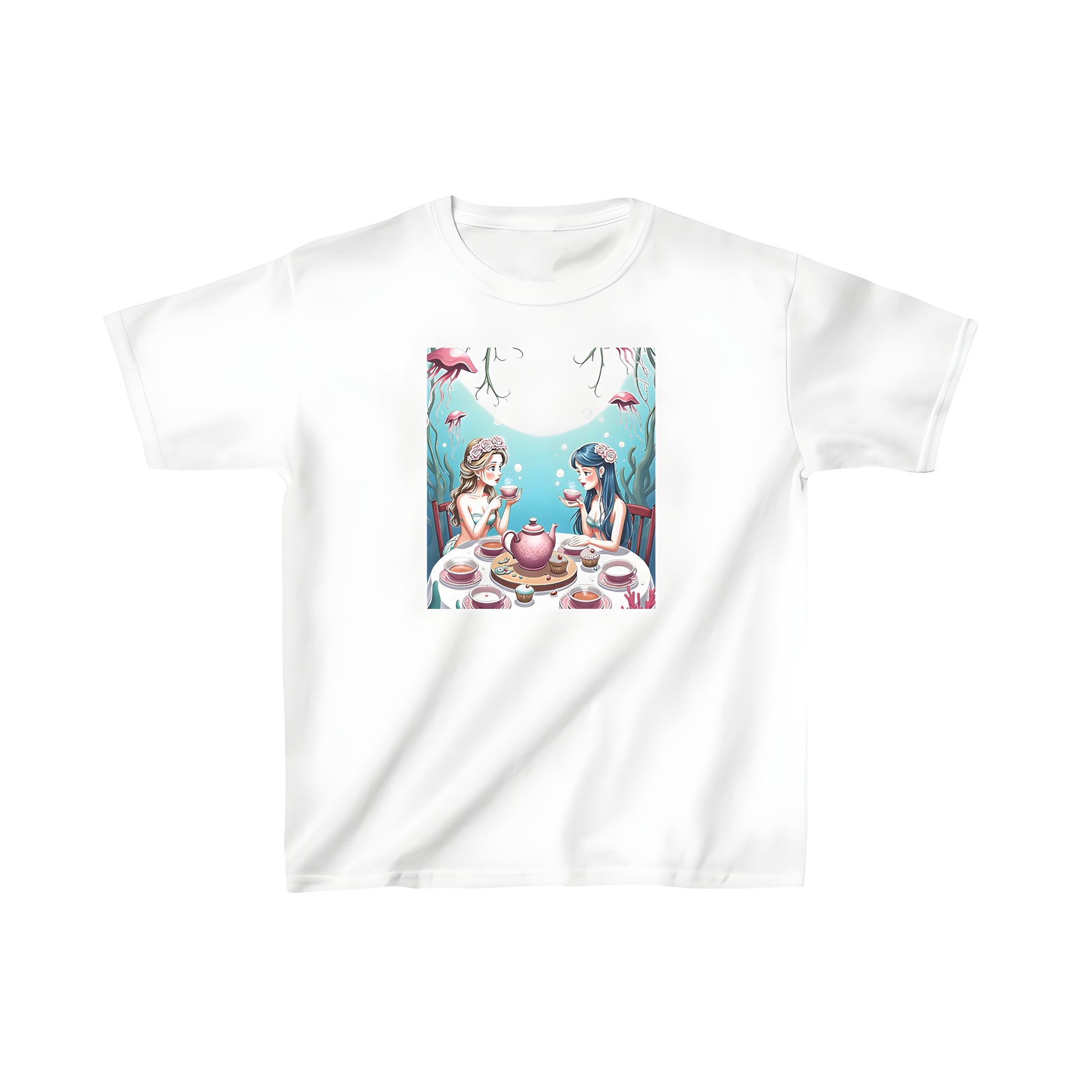 Colorful graphic t-shirt design of mermaids enjoying a tea party underwater