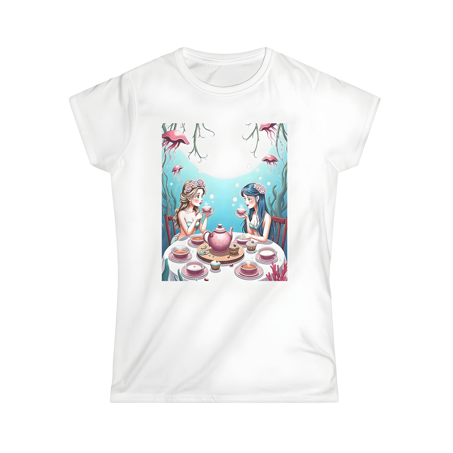 Women's colorful graphic t-shirt with mermaids enjoying a tea party underwater