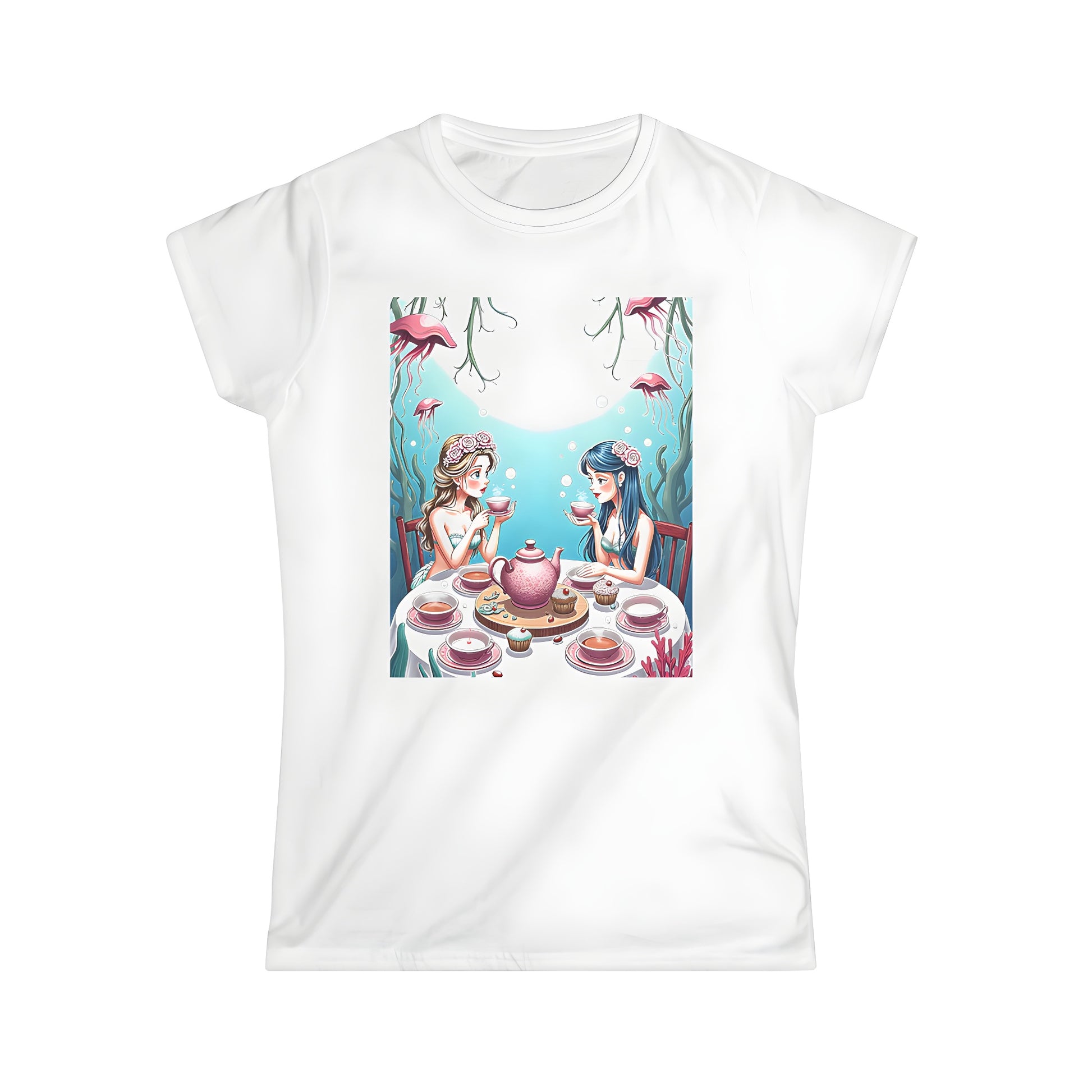 Women's colorful graphic t-shirt with mermaids enjoying a tea party underwater