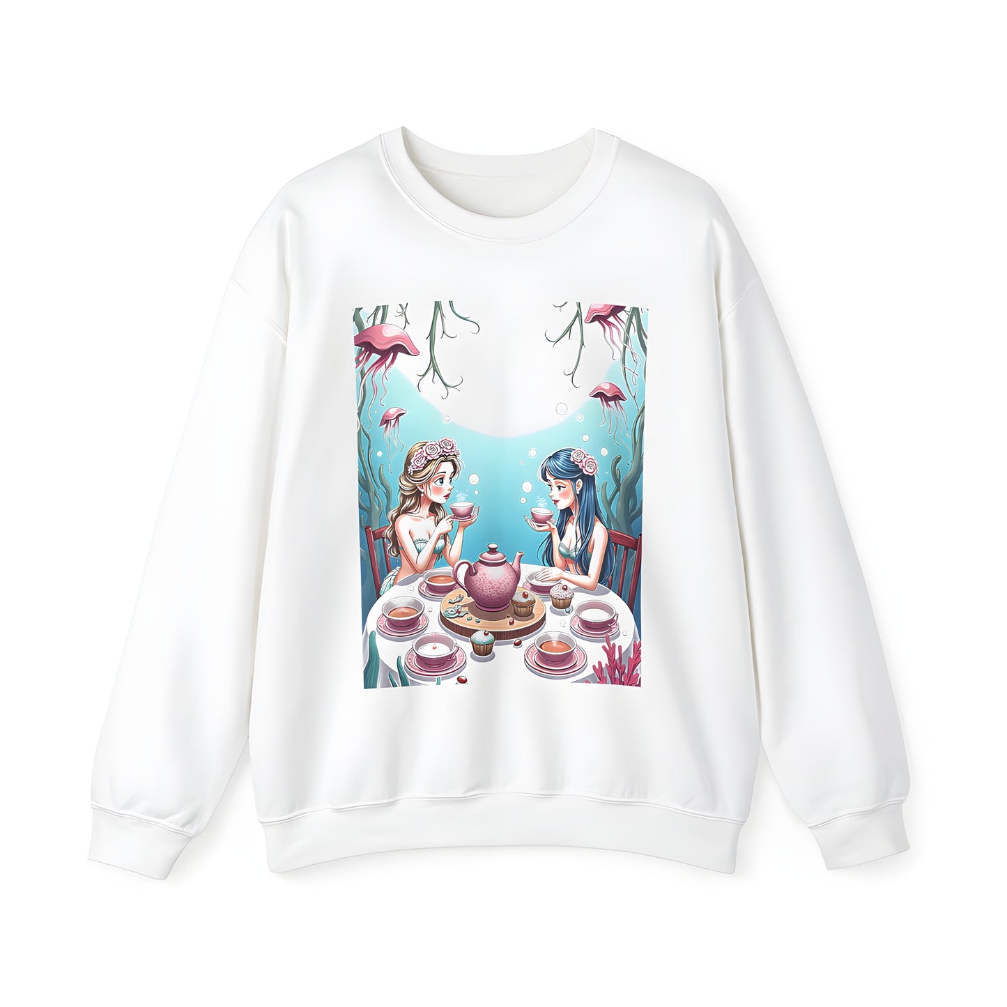 Adult sweatshirt featuring an underwater mermaid tea party scene with colorful graphics and whimsical designs