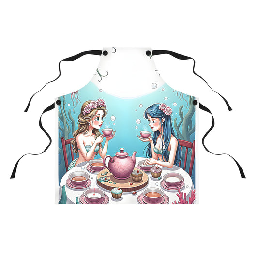 Colorful graphic apron with mermaids enjoying a underwater tea party surrounded by jellyfish and cupcakes