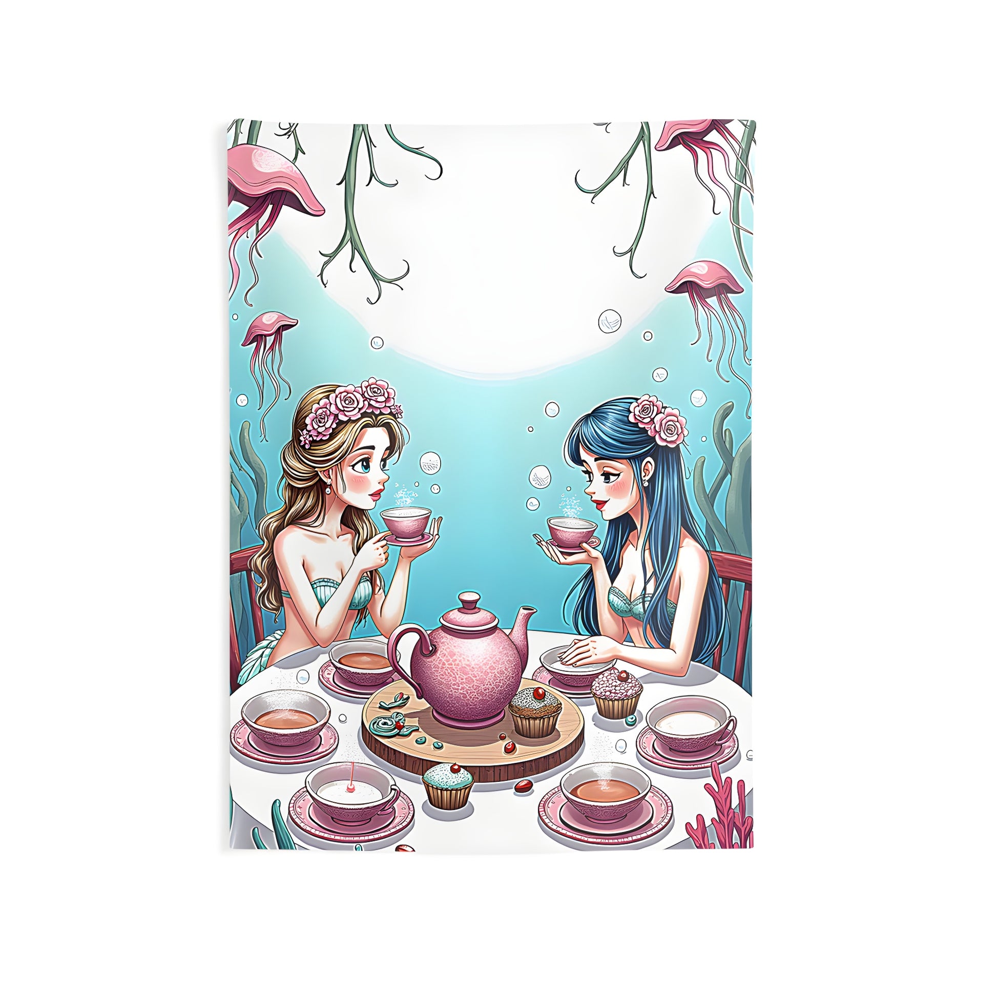 Indoor wall tapestry featuring colorful graphic design of mermaids enjoying tea party underwater with jellyfish and beautifully set table with tea and cupcakes