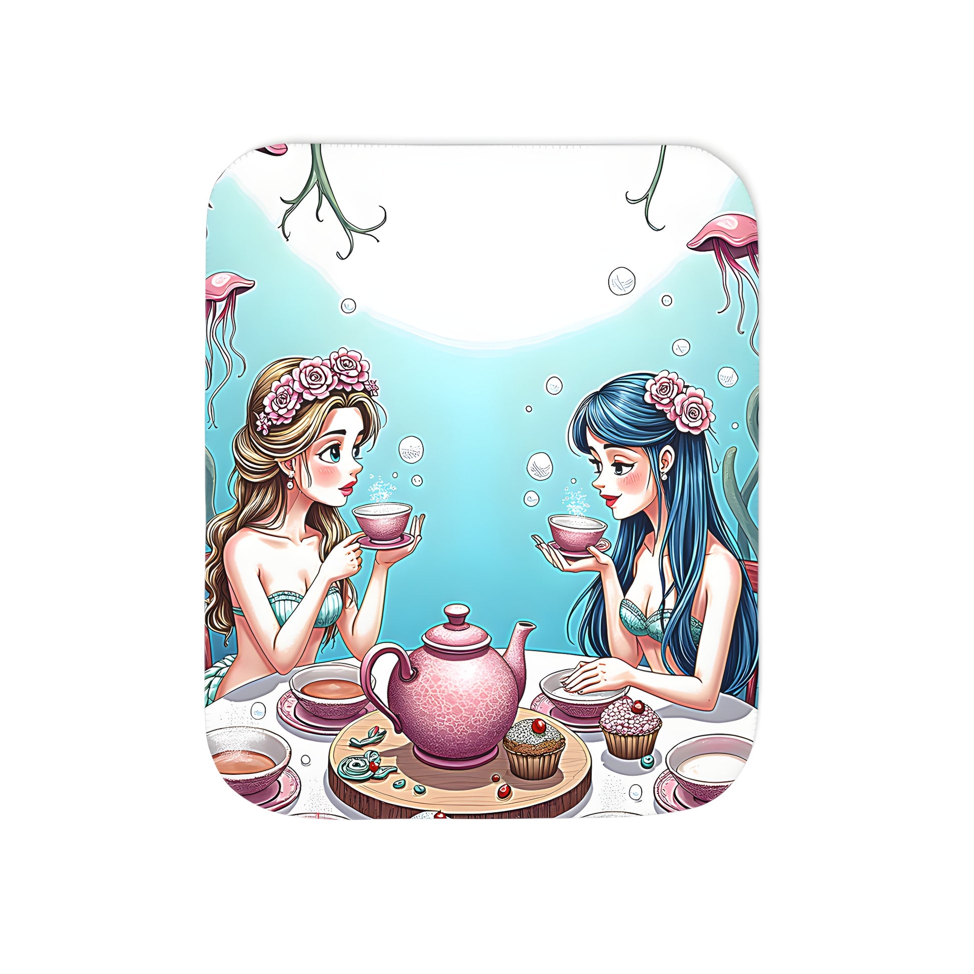 Colorful graphic blanket with mermaids enjoying tea party underwater