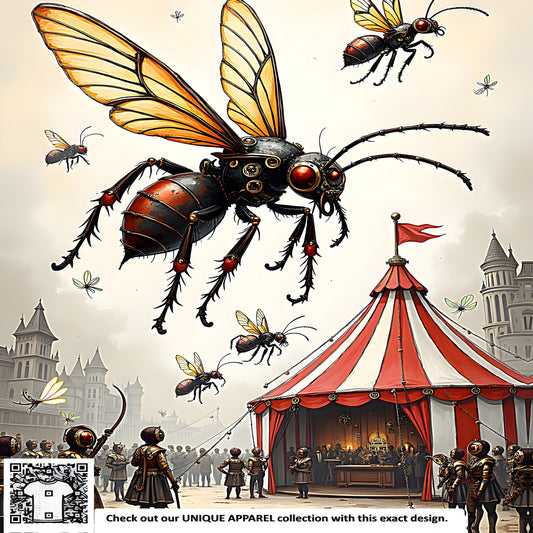 Steampunk insects artwork, vintage fantasy creatures, striped medieval tent, armored figures, colorful graphic design