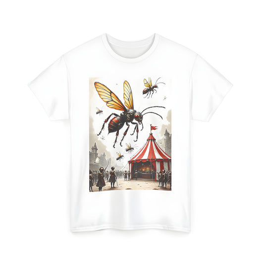 Colorful graphic t-shirt with steampunk insect art, fantasy medieval tent scene, and armored figures