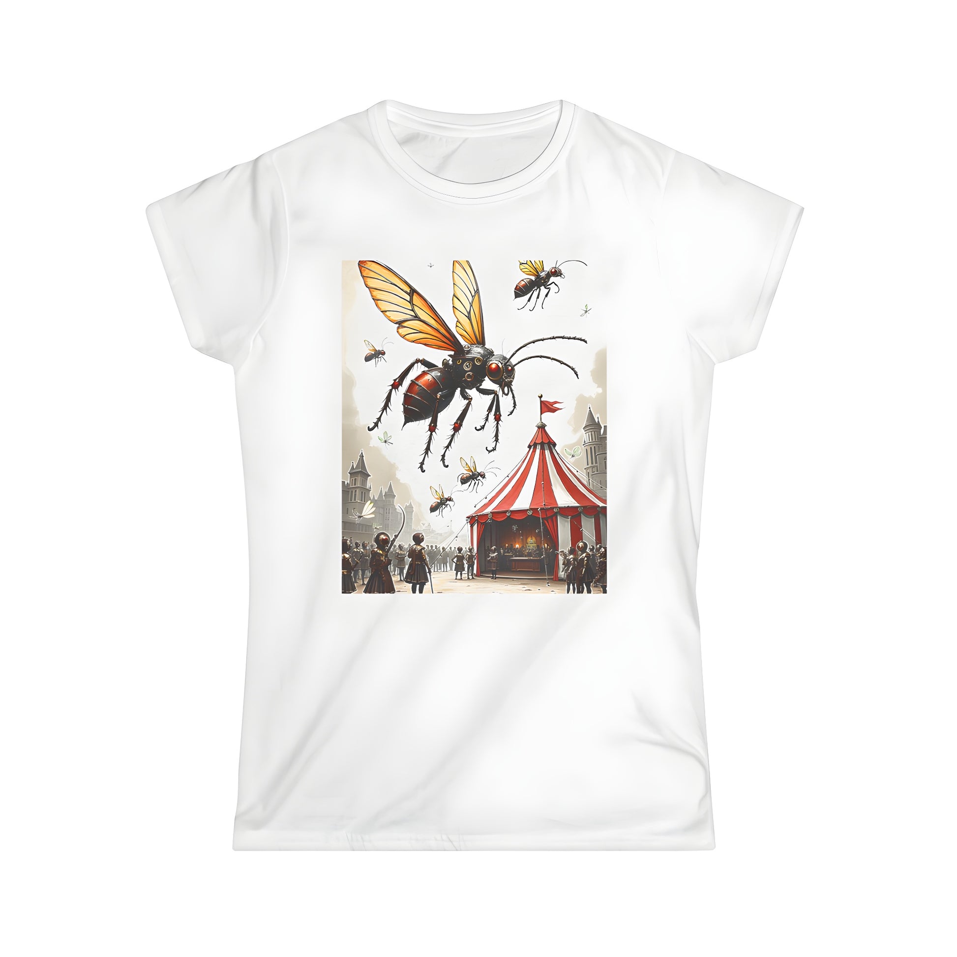 Women's colourful graphic t-shirt featuring vintage-inspired steampunk insects art, medieval fantasy world scene, striped tent and armored figures on a distressed Women's T-shirt