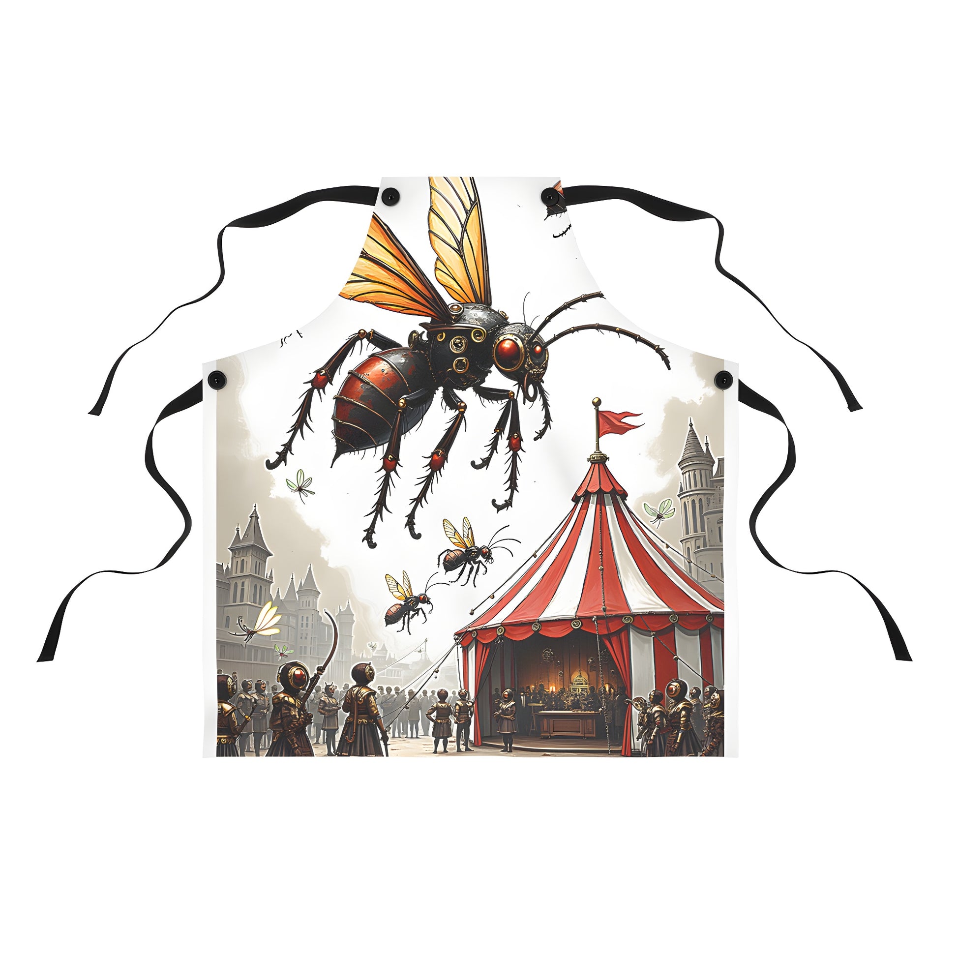 Colorful graphic design apron featuring steampunk insects and medieval theme