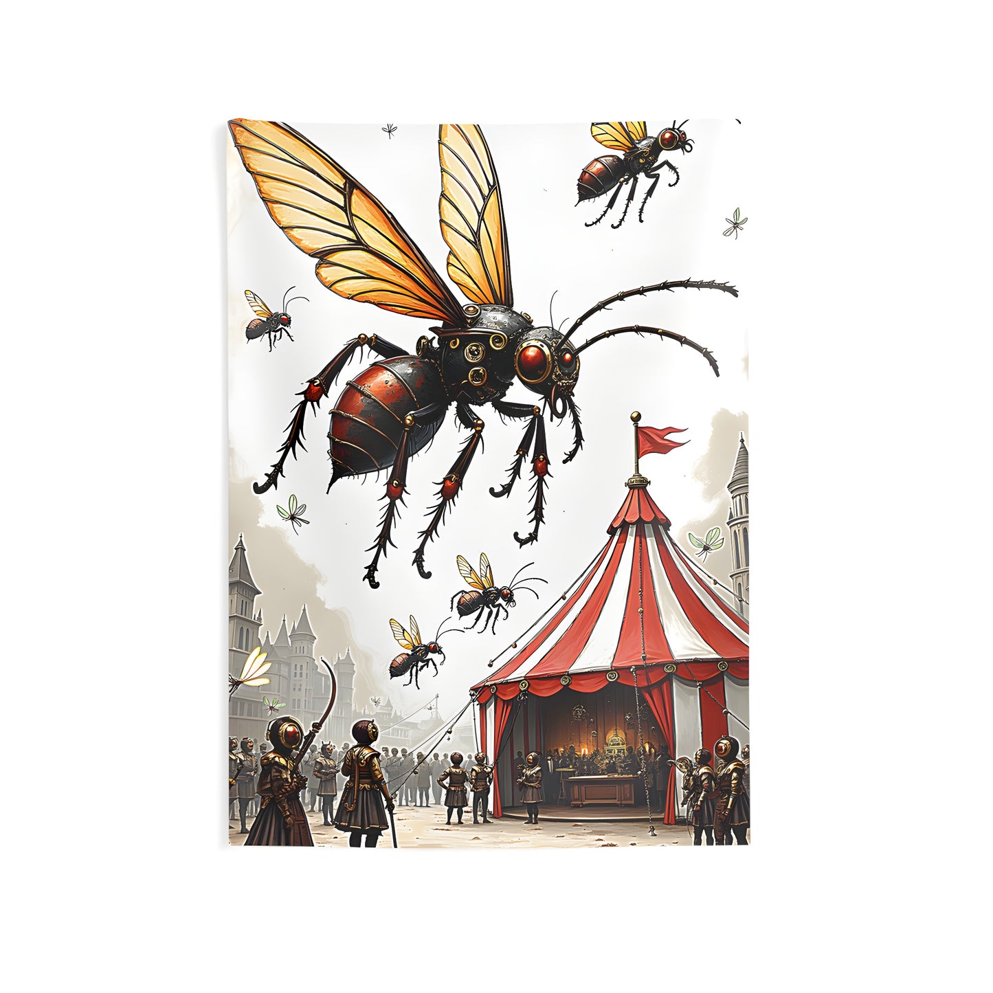 Indoor wall tapestry featuring colorful graphic design of Steampunk insects, Victorian gears, and medieval fantasy art