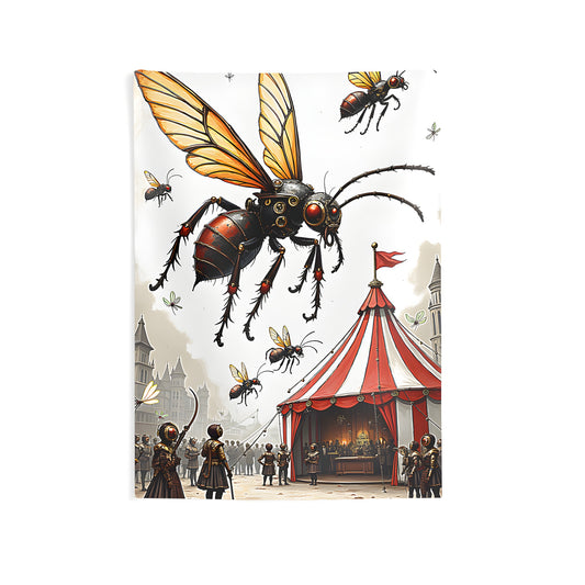 Indoor wall tapestry featuring colorful graphic design of Steampunk insects, Victorian gears, and medieval fantasy art