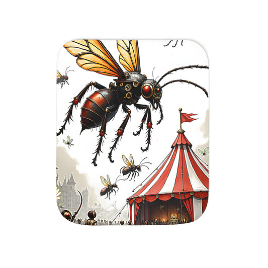 Colorful blanket featuring steampunk-inspired insect art, medieval fantasy scene with armored figures and striped tent