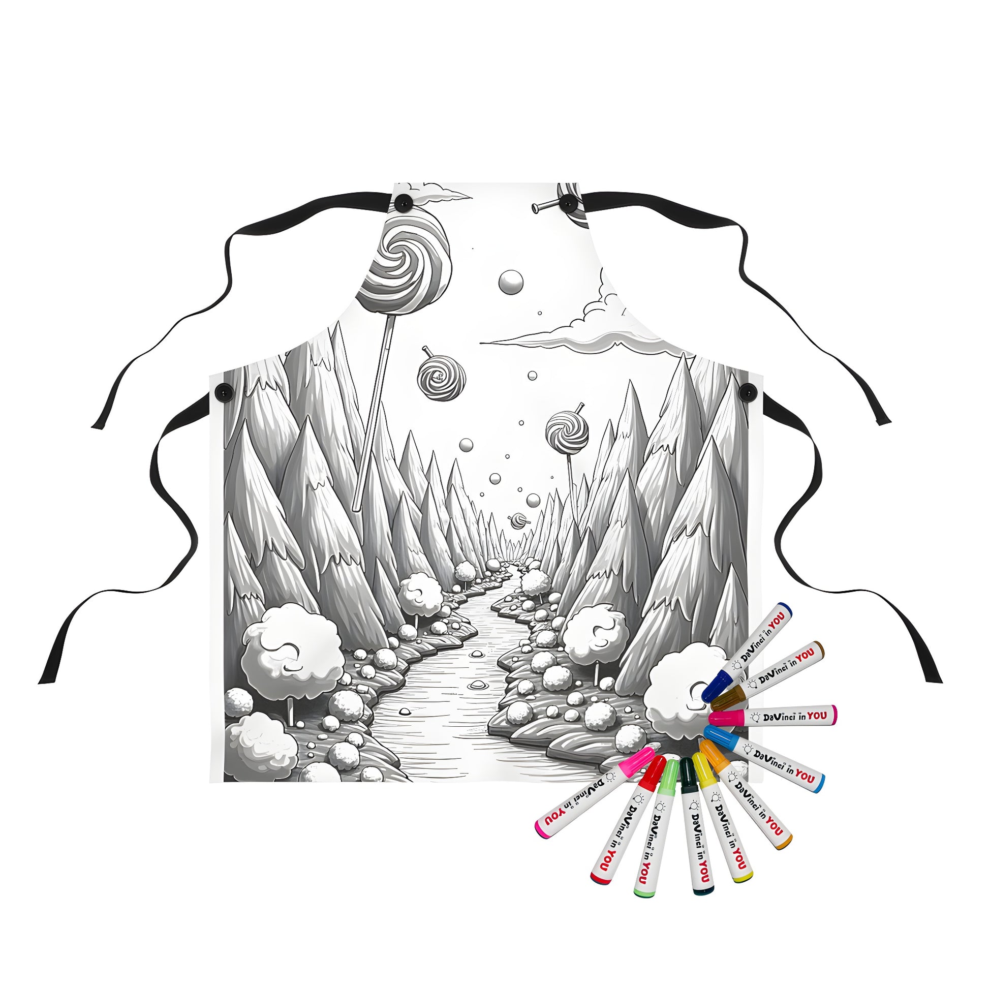 Apron with whimsical forest design, featuring lollipop trees and winding river