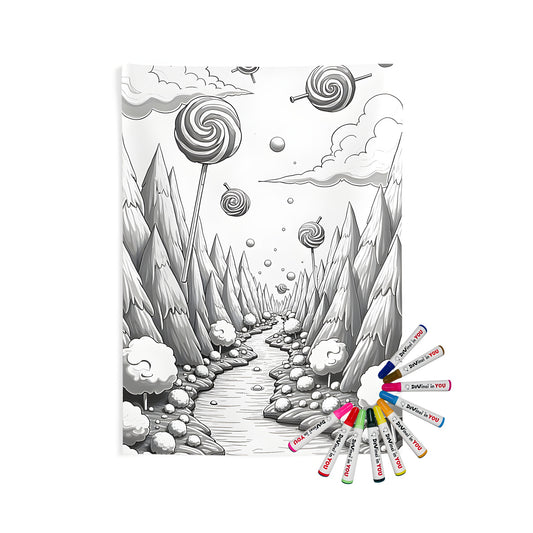 Indoor wall tapestry with whimsical black-and-white scene of forest with lollipop trees and winding river, surreal fantasy world. Includes fabric markers for creative coloring.