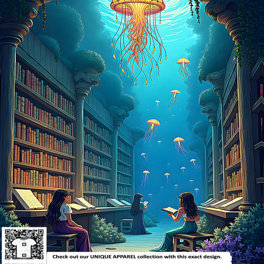 Colorful graphic design of an underwater reading library with jellyfish swimming overhead and women reading amidst shelves filled with books and lush greenery.