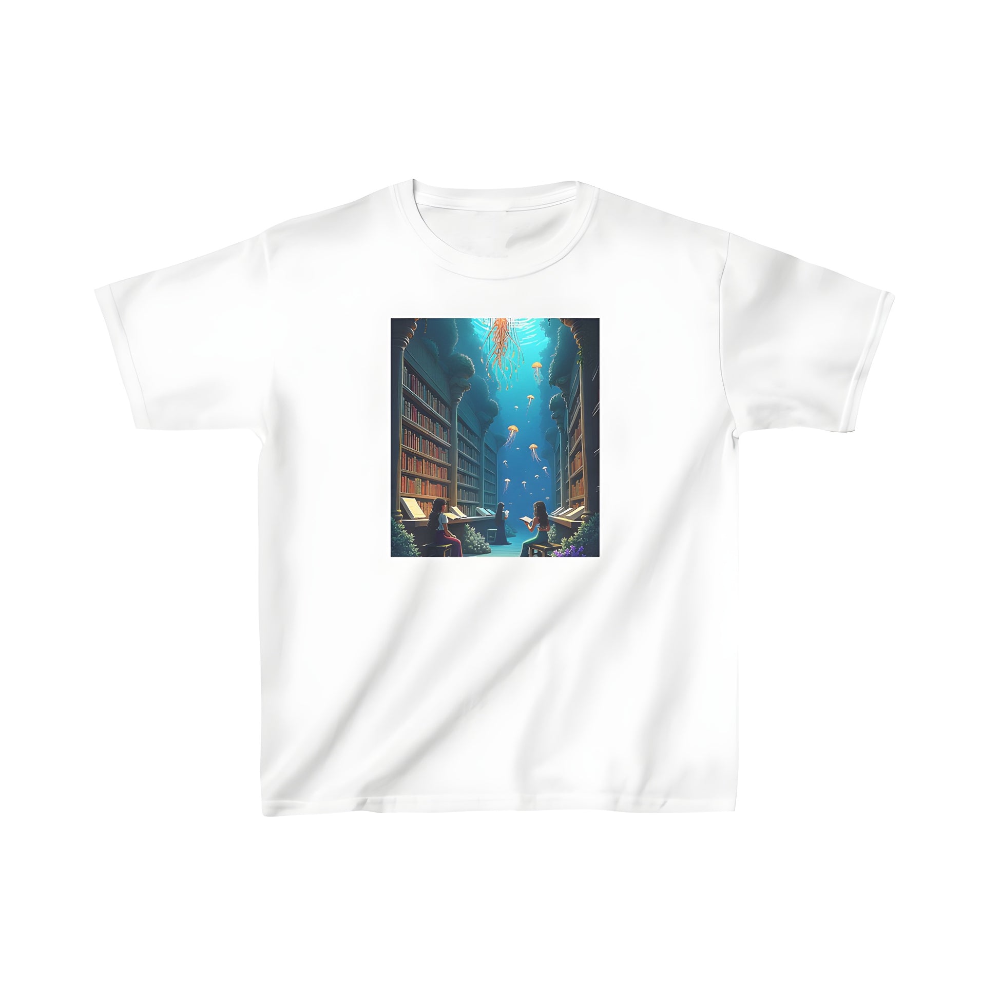 Underwater library themed kids t-shirt for boys and girls featuring colorful graphic design of oceanic scene with jellyfish and books