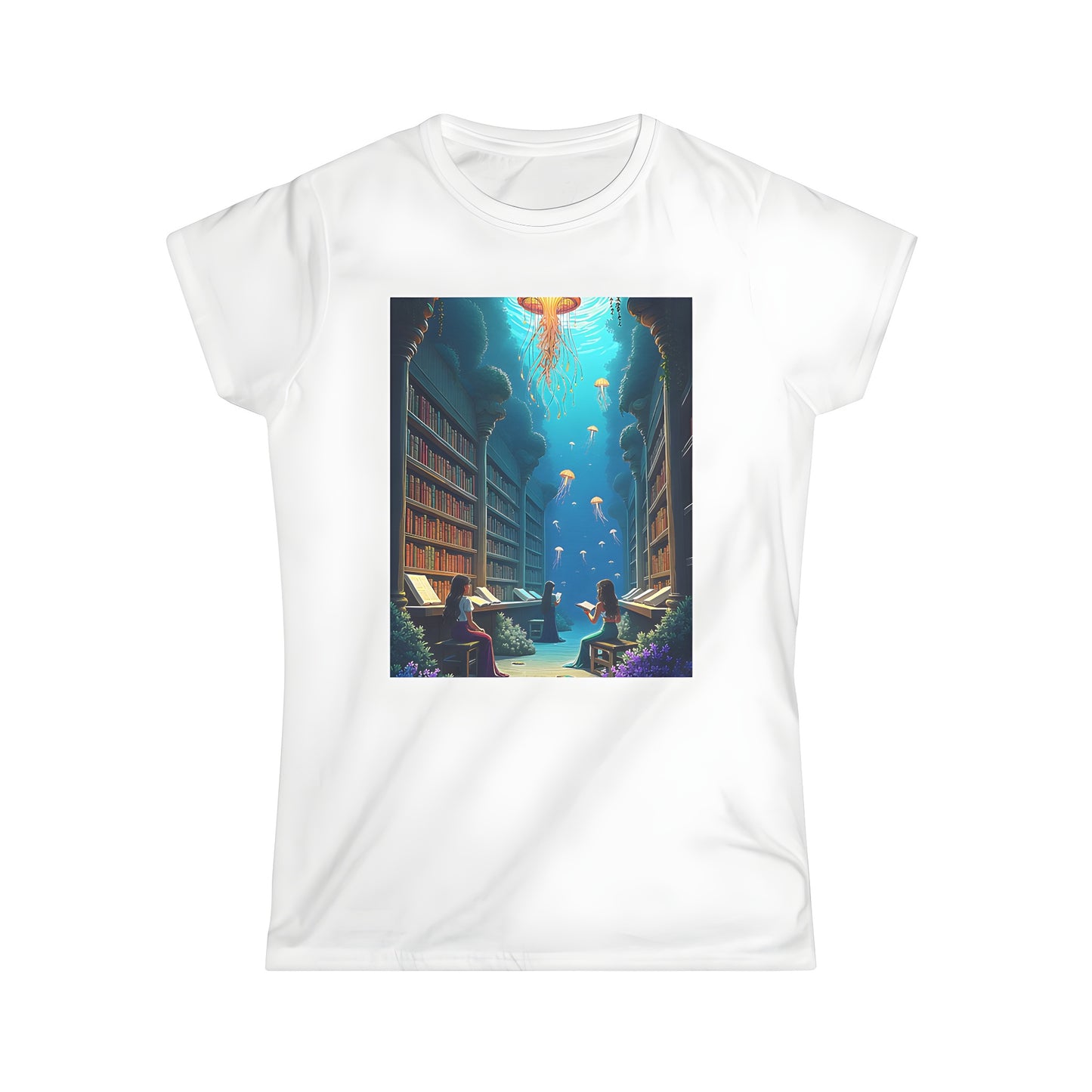 Women's colorful graphic t-shirt featuring an underwater library design with jellyfish and women reading