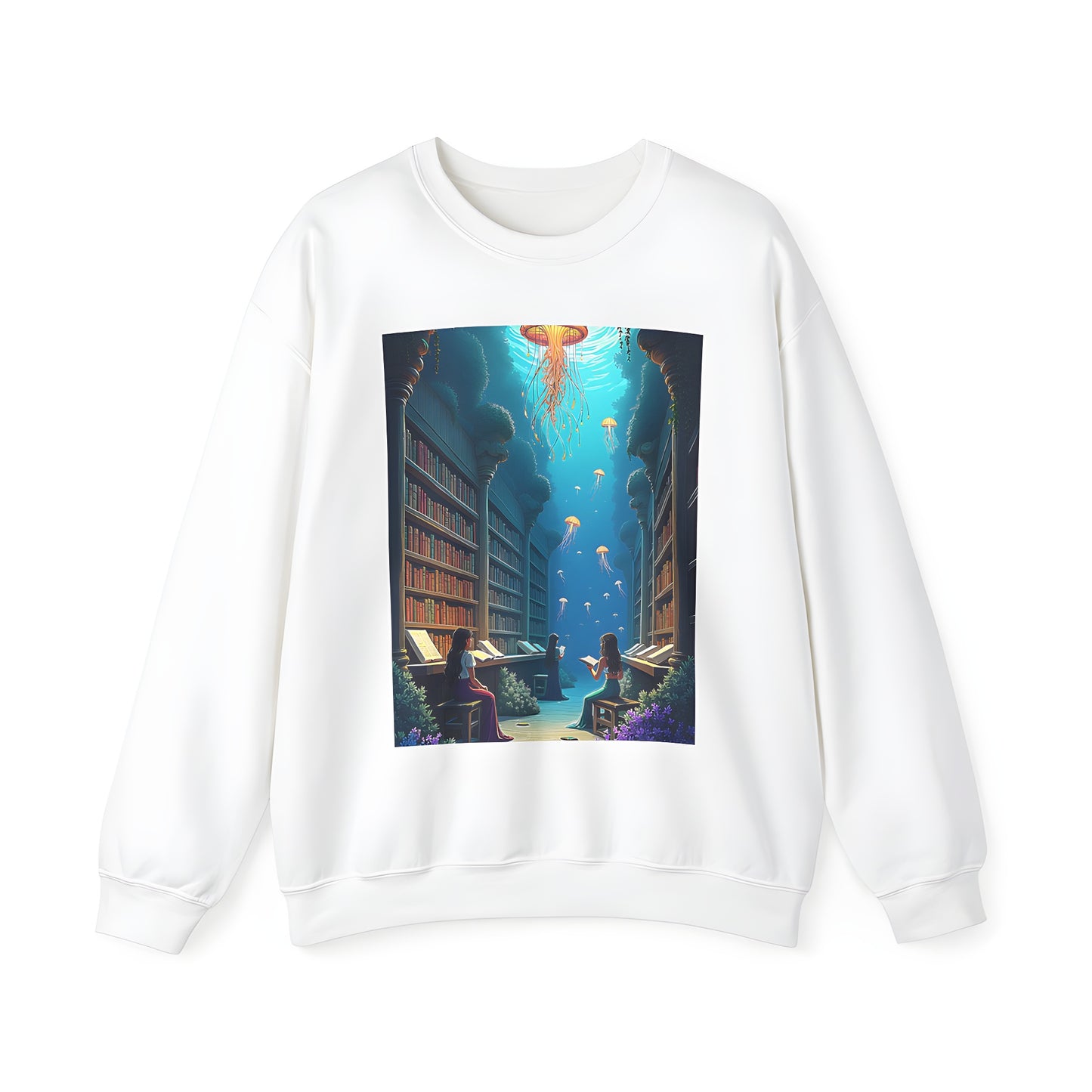 A colorful graphic Adult Sweatshirt featuring an underwater library scene with jellyfish and women reading amidst lush greenery