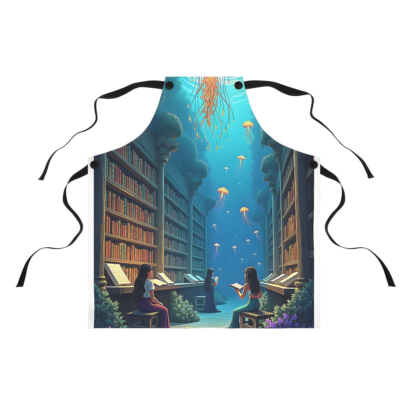 Colorful graphic apron featuring an underwater library scene, jellyfish, books, and lush greenery