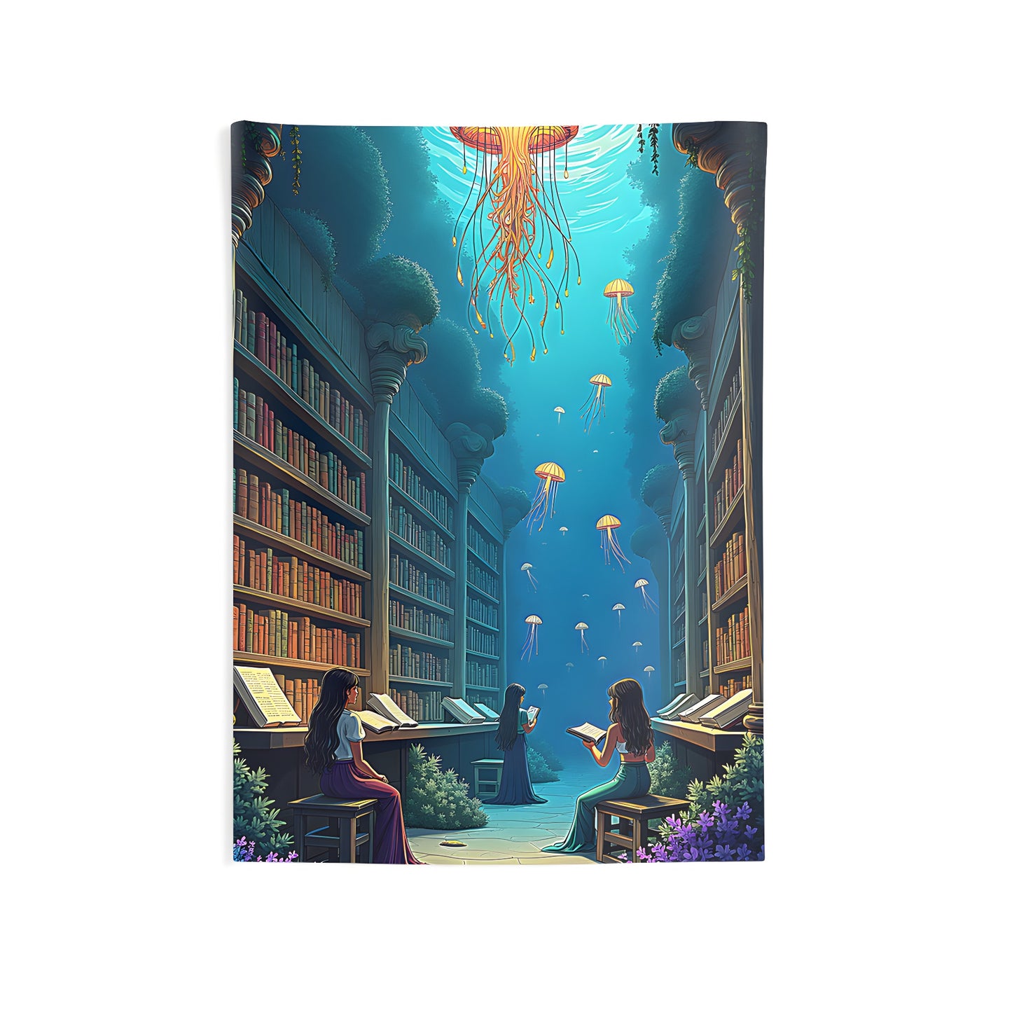 Underwater library tapestry with colorful graphic design