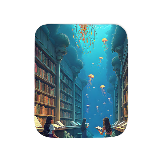 Colorful graphic blanket featuring an underwater scene with jellyfish and women reading amidst bookshelves