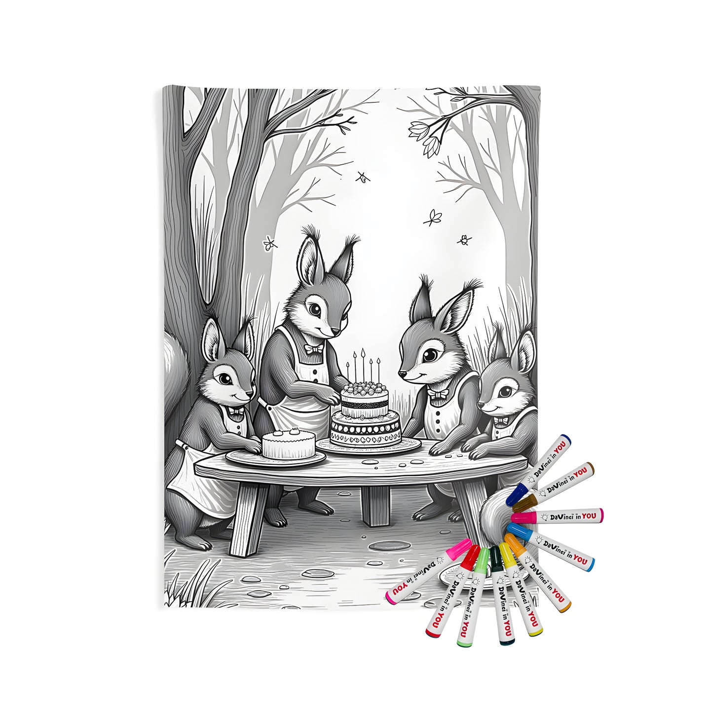 Indoor Wall Tapestries Coloring Kit with 10 Fabric Markers - Squirrels Celebrating