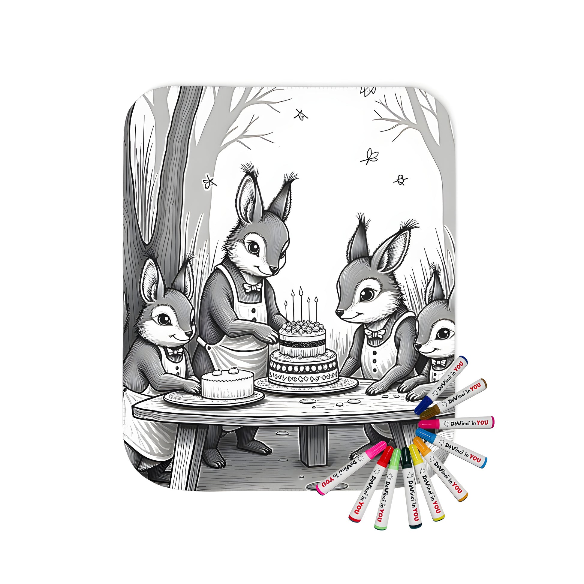 Squirrel friends gather around a table for a forest celebration