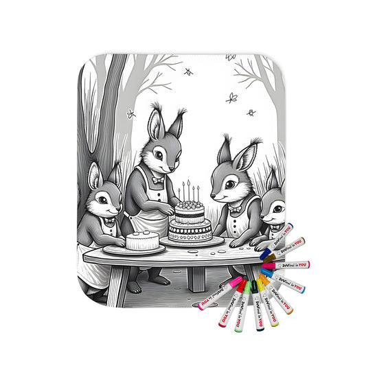 Squirrel friends gather around a table for a forest celebration