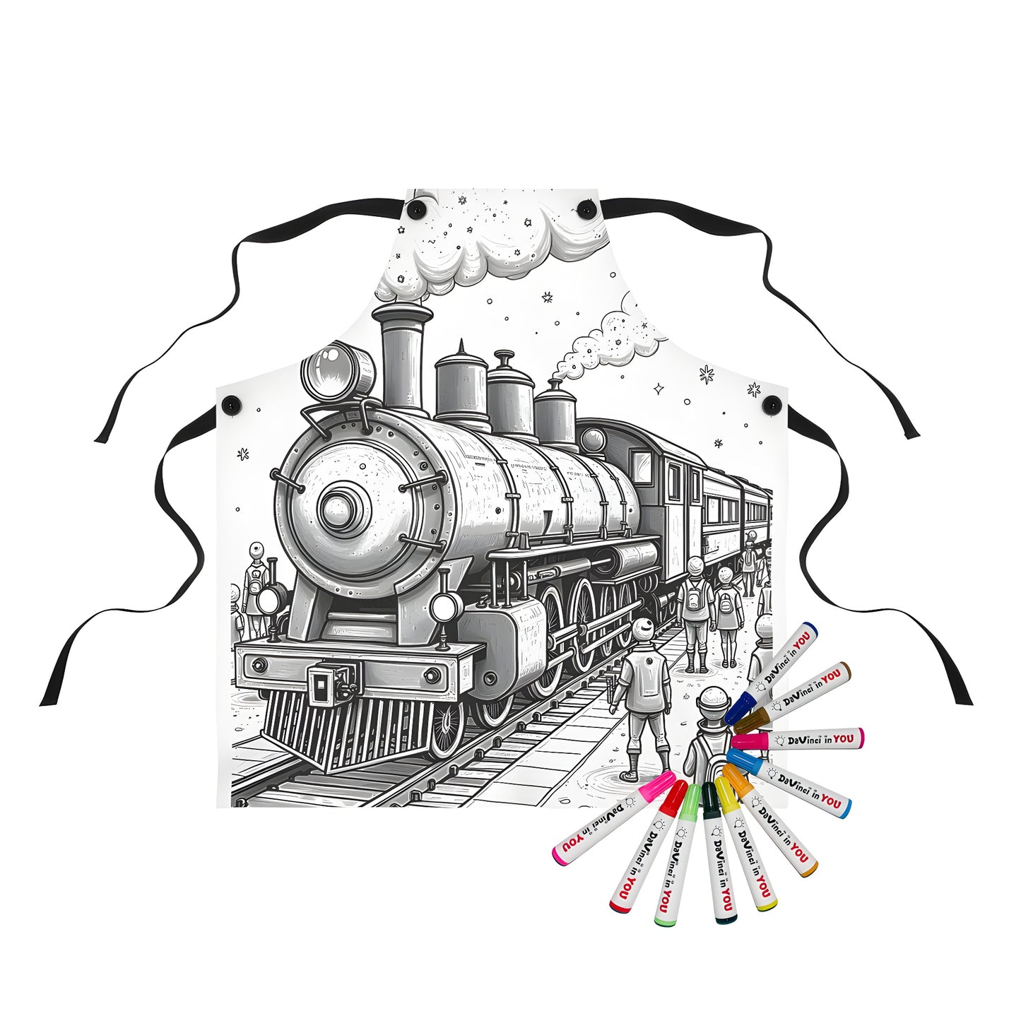 Coloring apron with a vintage locomotive illustration and passengers at a train station