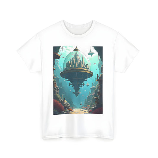 Colorful graphic t-shirt with a fantasy city scene floating on a glass dome surrounded by cliffs and underwater vegetation