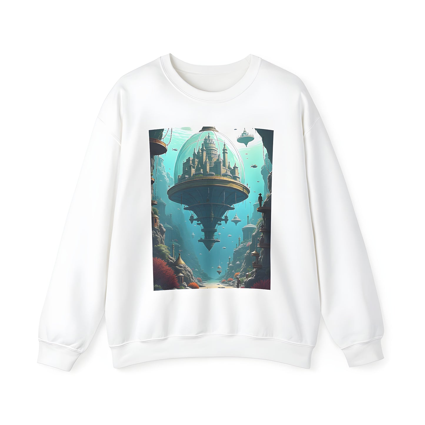 Colorful Adult Sweatshirt with a fantasy cityscape design