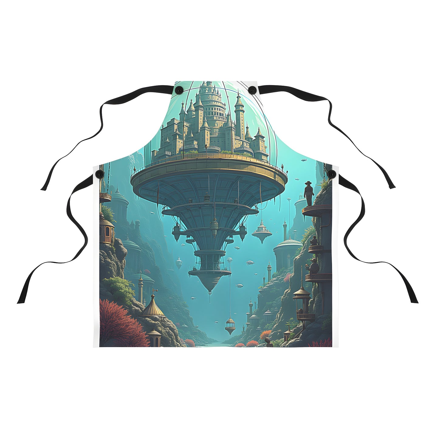 Colorful apron with an aerial city design, fantasy scene of an elevated metropolis suspended within a glass dome, surrounded by cliffs and lush underwater flora.