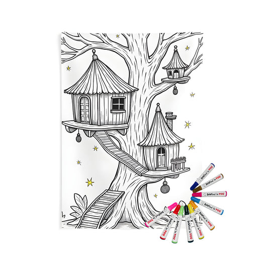 Coloring kit for indoor wall tapestries featuring a detailed illustration of a whimsical treehouse with charming round huts amidst stars, perfect for relaxation and creativity