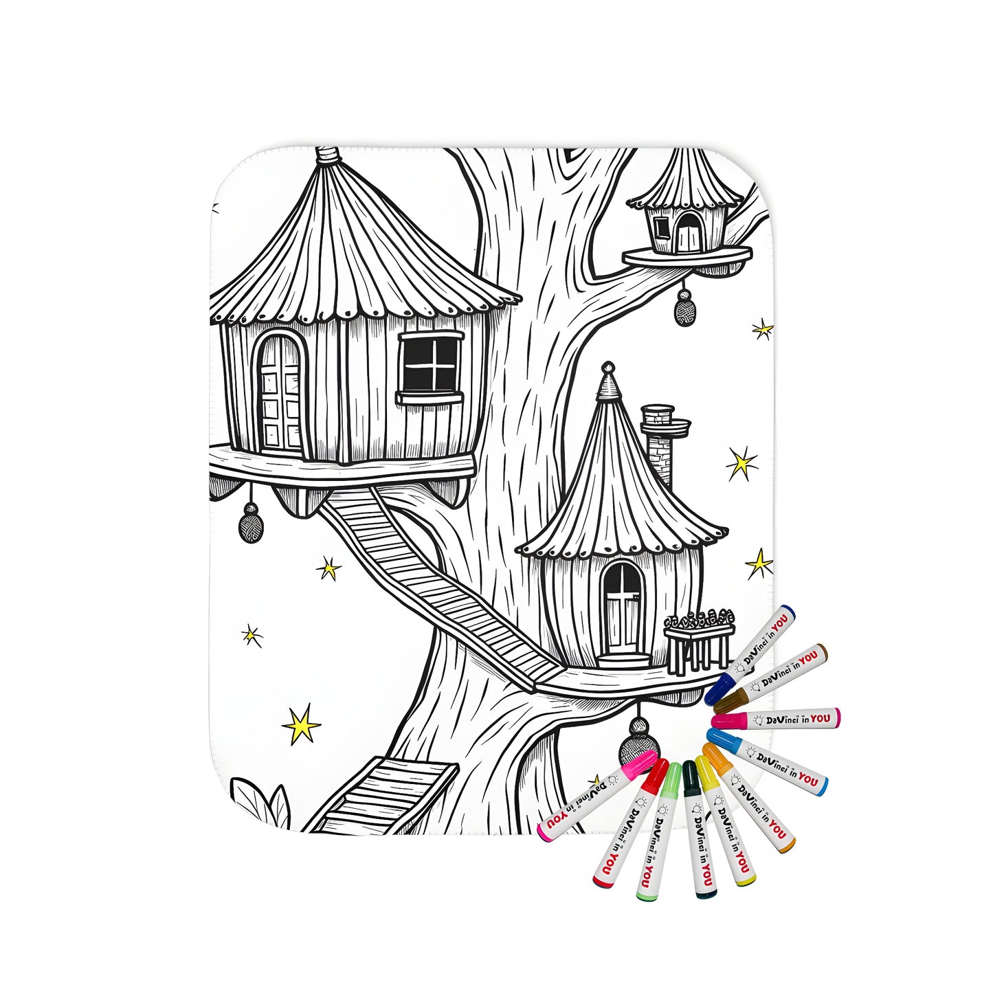 Blanket with whimsical treehouse illustration for kids and adults to color