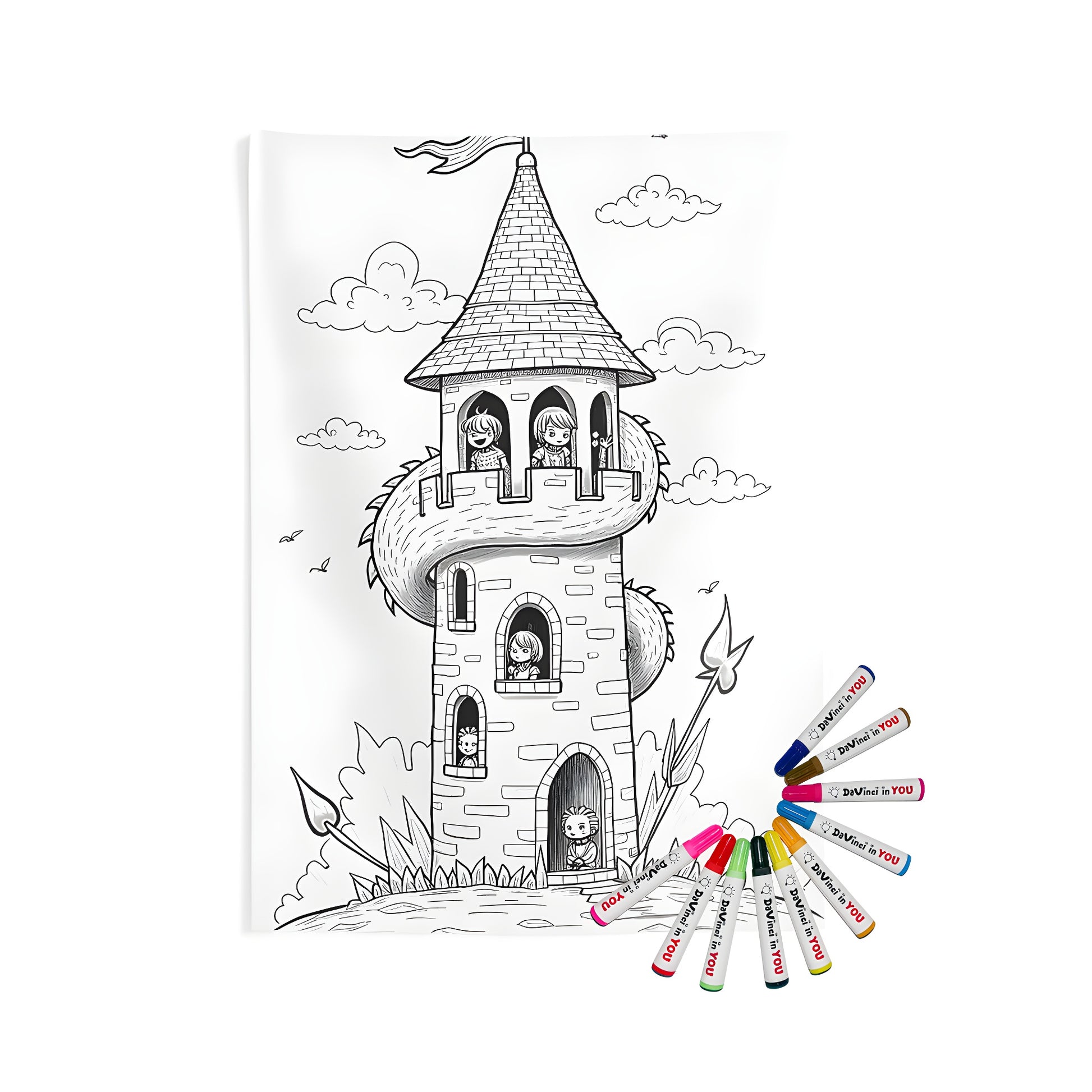 Indoor wall tapestries coloring kit with tower scene for kids, featuring children and dragon