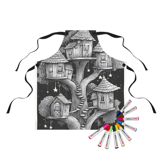 Whimsical treehouses apron design featuring intricate black and white illustrations of connected stairs, starry night sky, and full moon, perfect for colorists and fans of fantasy