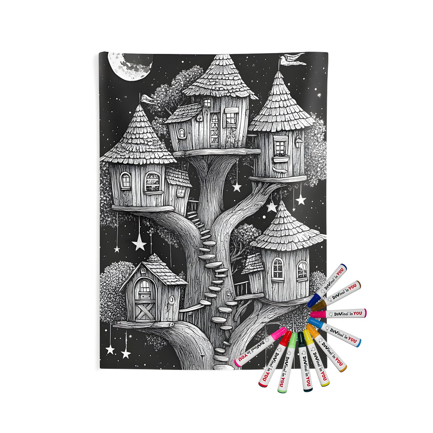 Intricate black and white illustration depicting whimsical treehouses connected by stairs, set against a starry night sky with a full moon. Indoor wall tapestry for bedroom decor