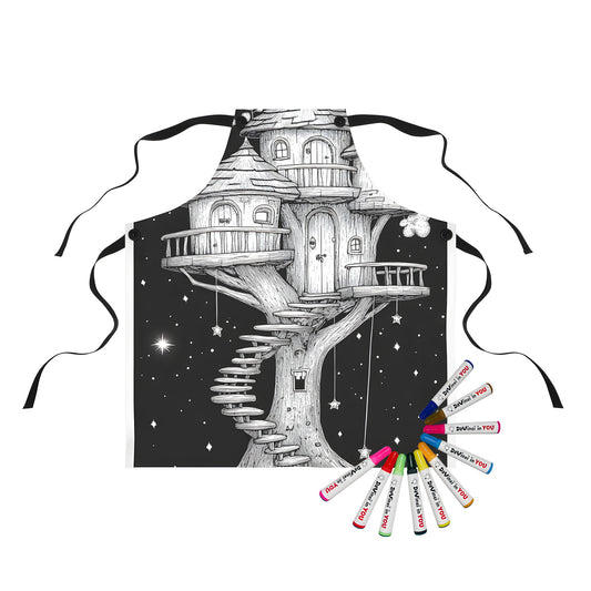 Apron featuring whimsical treehouse scene with starry night sky and fantasy elements, great for adult coloring enthusiasts