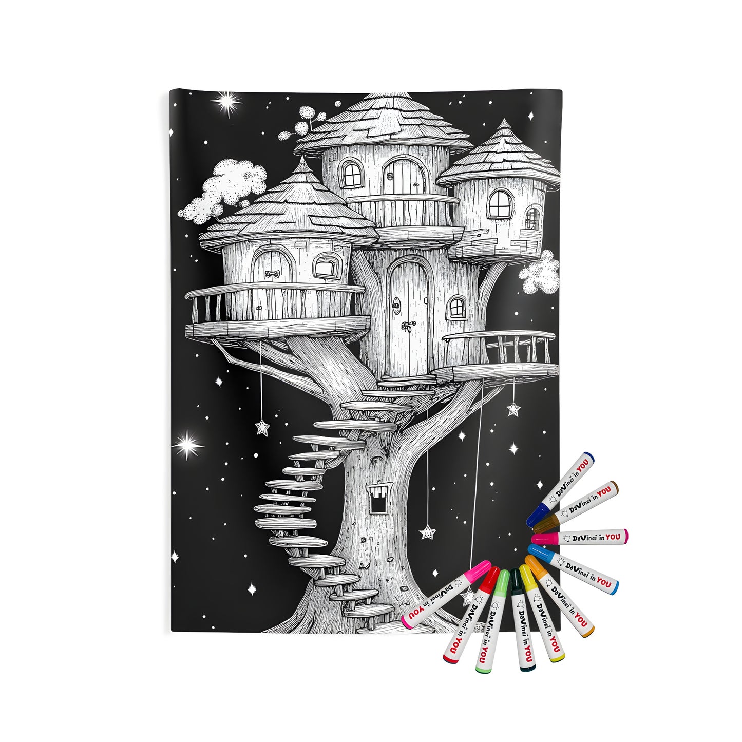 Indoor wall tapestries featuring whimsical tree house designs set in starry nights with intricate fantasy elements and coloring pages